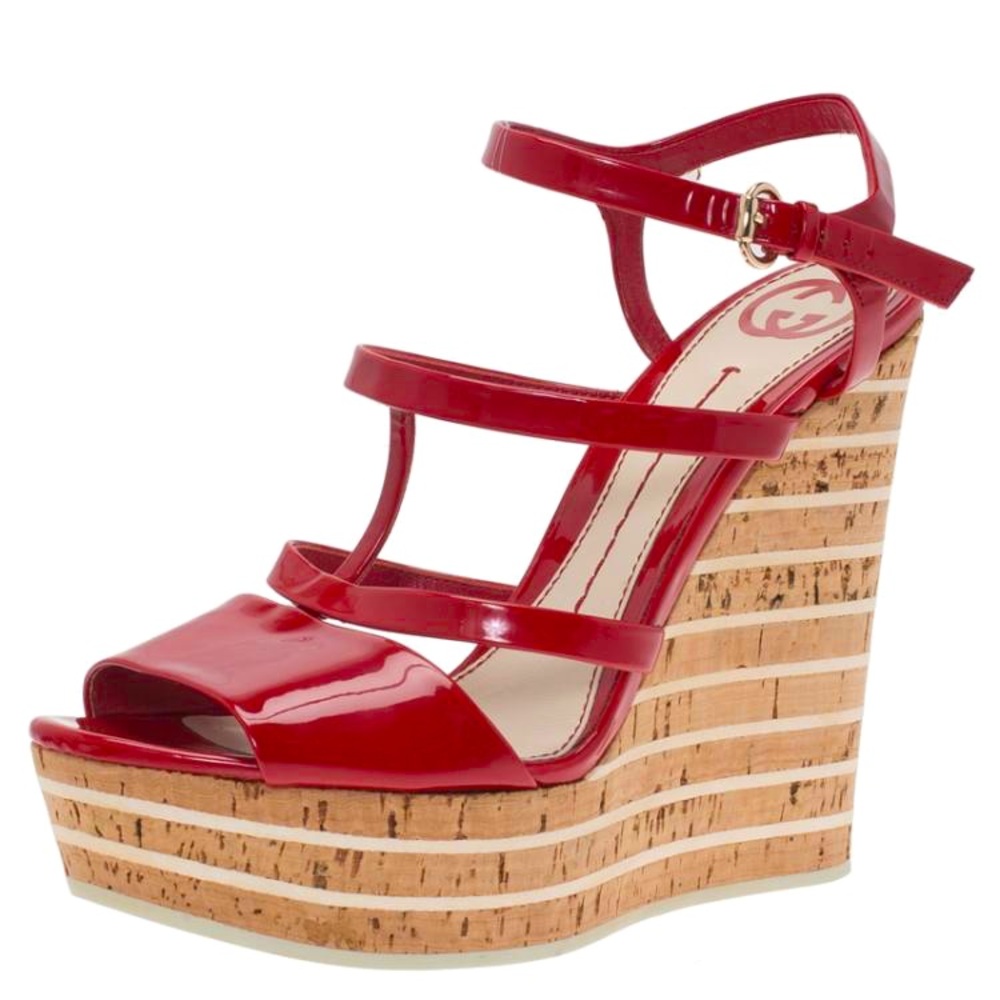 GUCCI ‘Eilin’ Worn Once Red Patent Leather Strappy Cork Platform Wedges 37.5